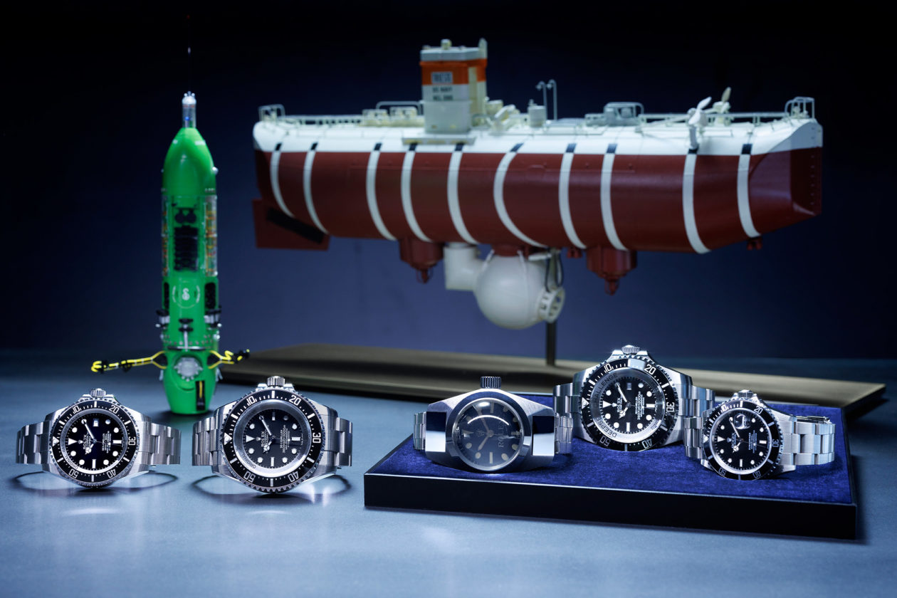 (od prawej): Oyster Perpetual Rolex Deepsea (2008), Oyster Perpetual Deepsea Challenge (2022), Deep Sea Special (1960), Rolex Deepsea Challenge (2012) i Oyster Perpetual Submariner (1986)