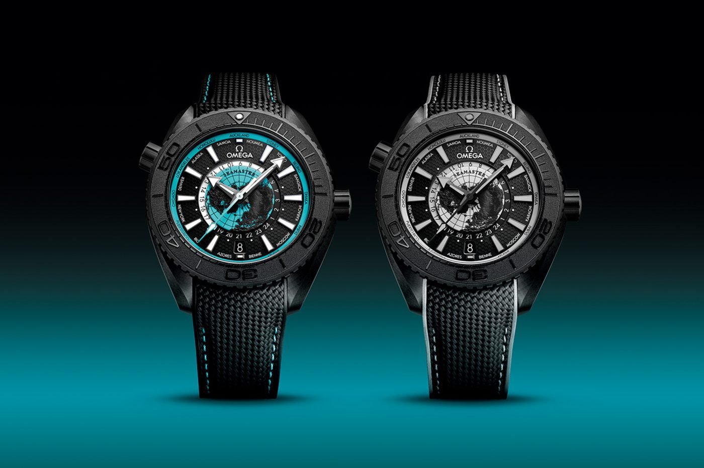 Omega Seamaster Planet Ocean Worldtimer w głębokiej czerni i z turkusowymi lub szarymi detalami