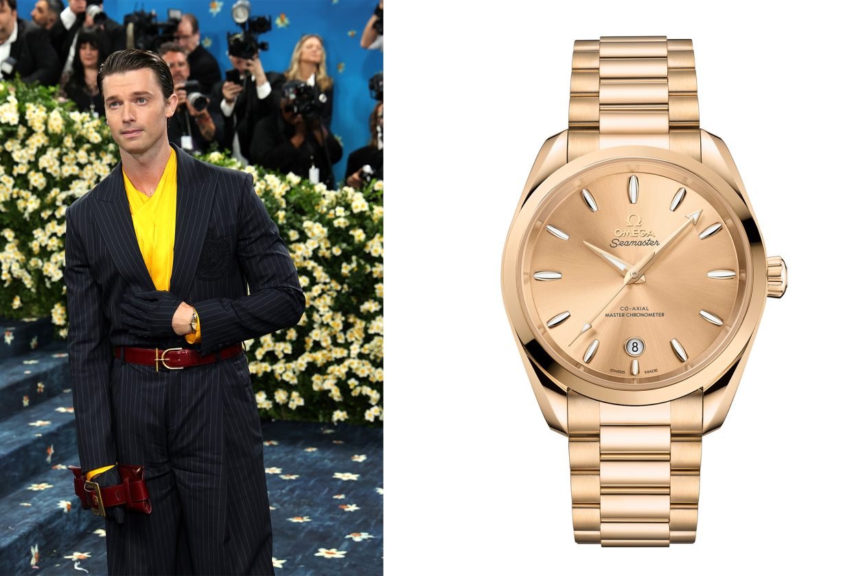 Patrick Schwarzenegger i 38 mm Omega Aqua Terra Shades ze złota Moonshine / foto: Getty Images