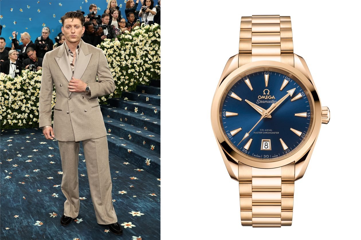 Tom Francis i 38 mm Omega Seamaster Aqua Terra ze złota Moonshine / foto: Getty Images