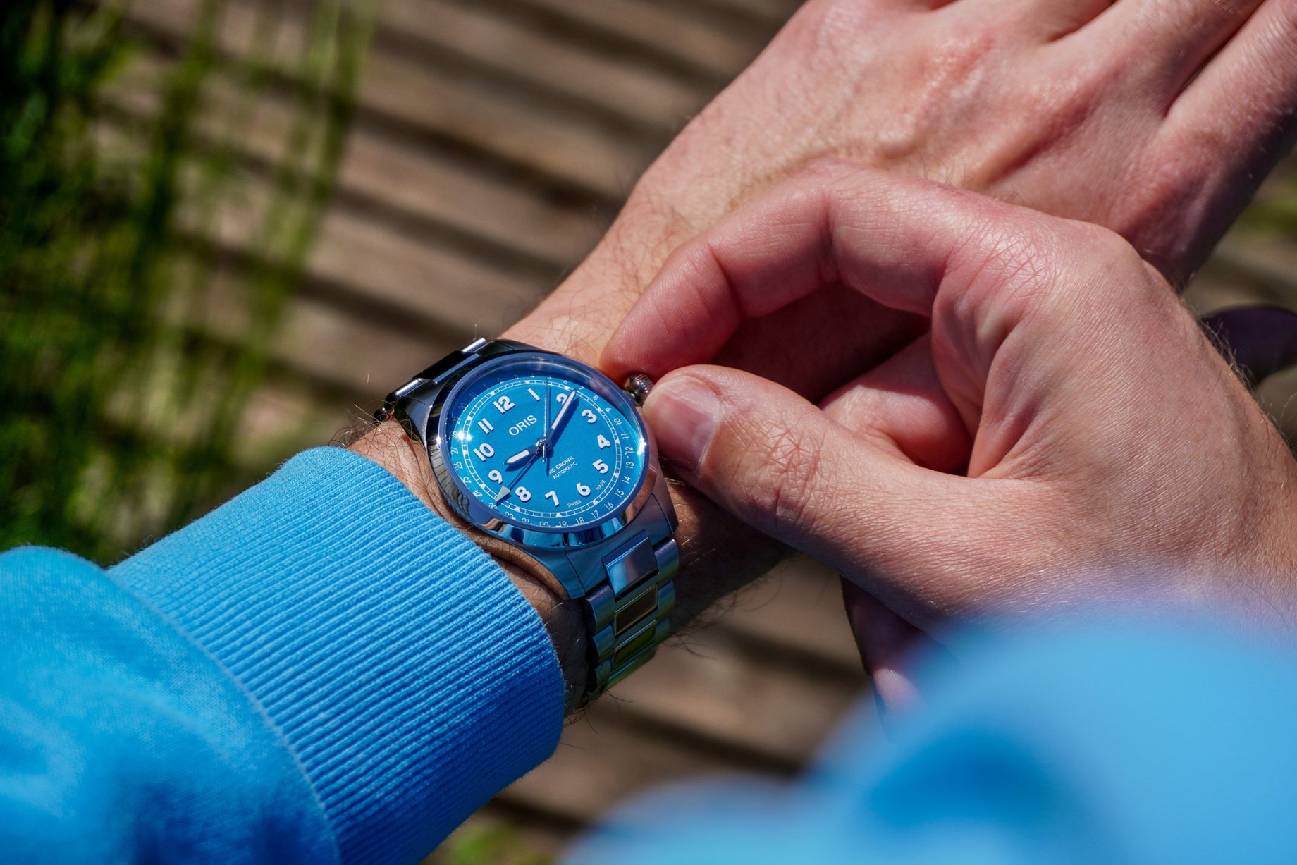 Oris Big Crown Pointer Date 40mm Blue na nadgarstku